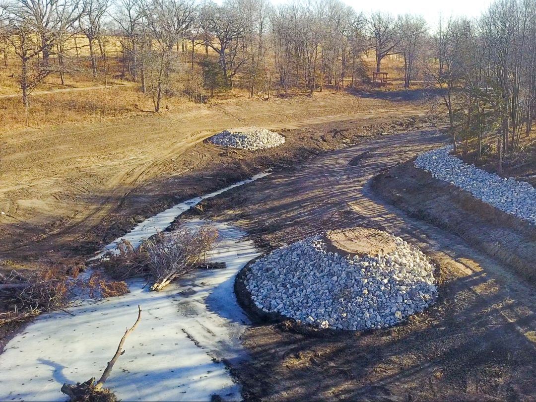 Fish spawning bench inside empty McFarland Lake renovation - resemble gravel island