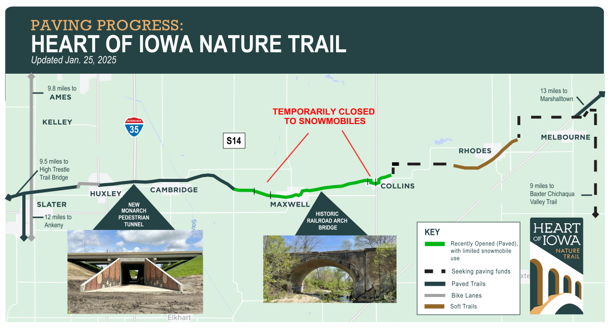 Map of Story County showing Heart of Iowa Nature Trail with updated closure and opening labels